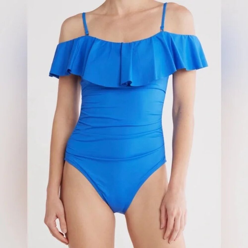 La Blanca 'Island Goddess' Off-Shoulder Ruffled One-Piece Swimsuit, China Blue
